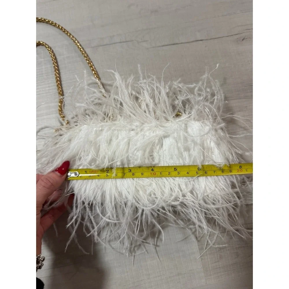 White Feather Clutch Bag Gold Rhinestone Ring Clasp Evening Bag